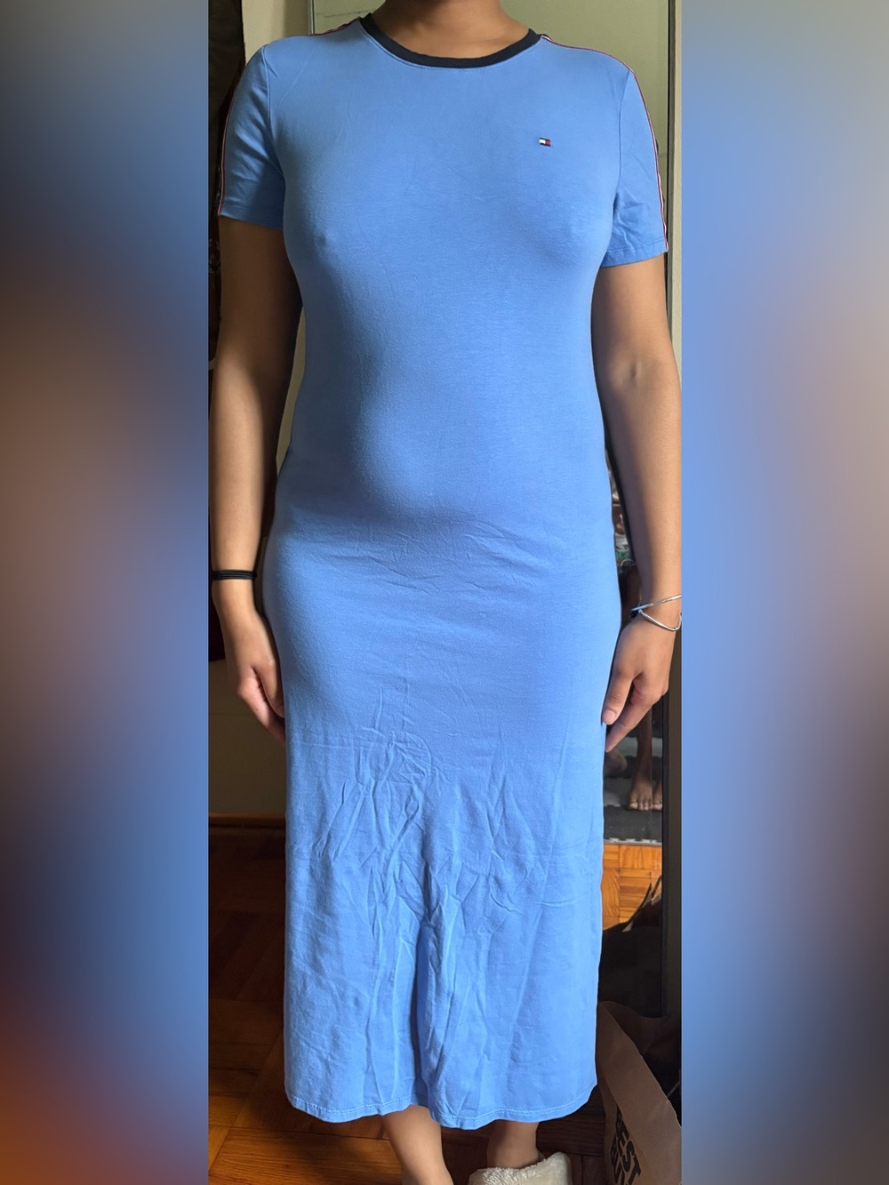 Tommy Hilfiger Sky Blue Short-Sleeve Midi Dress with Contrast Neck Trim